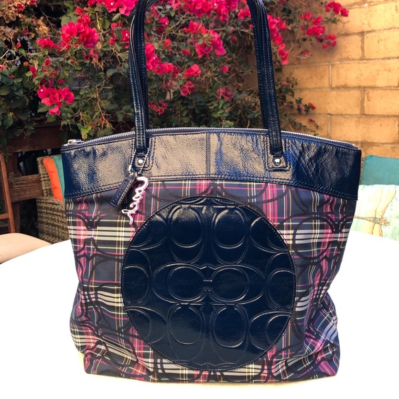 Coach Laura Signature Blue Plaid Multicolor Tartan Canvas Leather Tote Bag - Picture 10 of 12